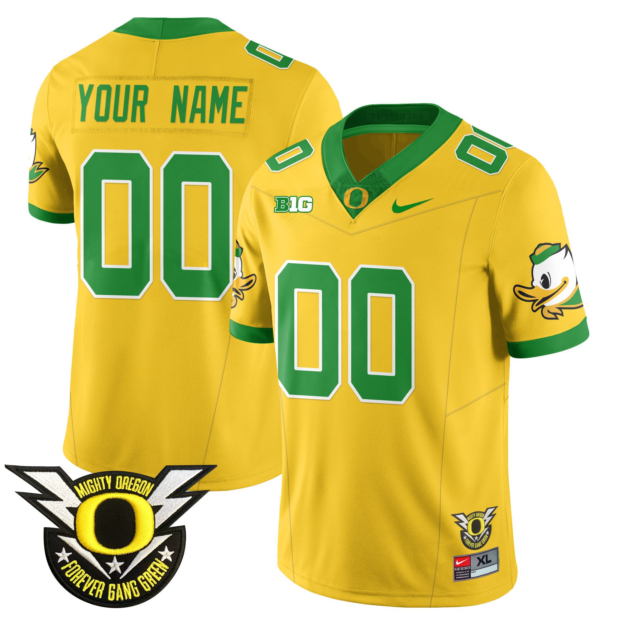 Men Oregon Ducks Yellow 2024 Nike Forever Gang Green & BIG Patch Vapor Limited Custom NCAA Jersey